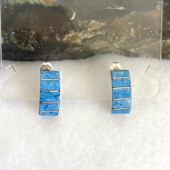 Sterling Silver 925 Southwest Style Blue Sodalite Inlay Quarter Hoop Earrings - Picture 2 of 16